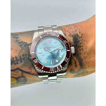 Custom Seiko Mod • Platinum Ice Blue Brown Ceramic Bezel Submariner • 40mm